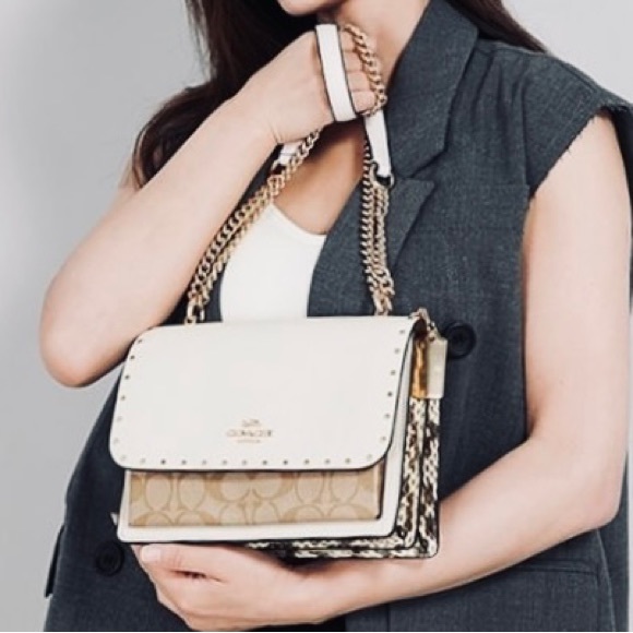Coach Handbags - Coach Klare Signature Crossbody Snakeskin With Studs Taupe Chalk Gold Ch…